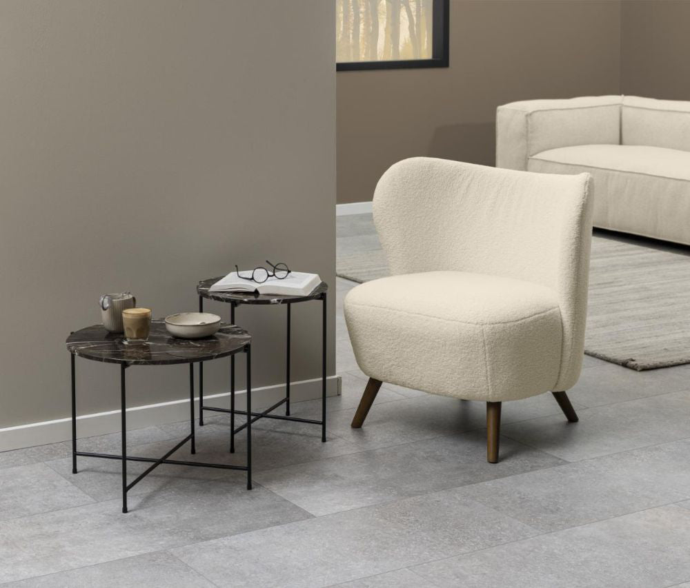Harlie Marble Top Side Table in Brown Finish with Sofa and Lounge Chair in Living Room Setting