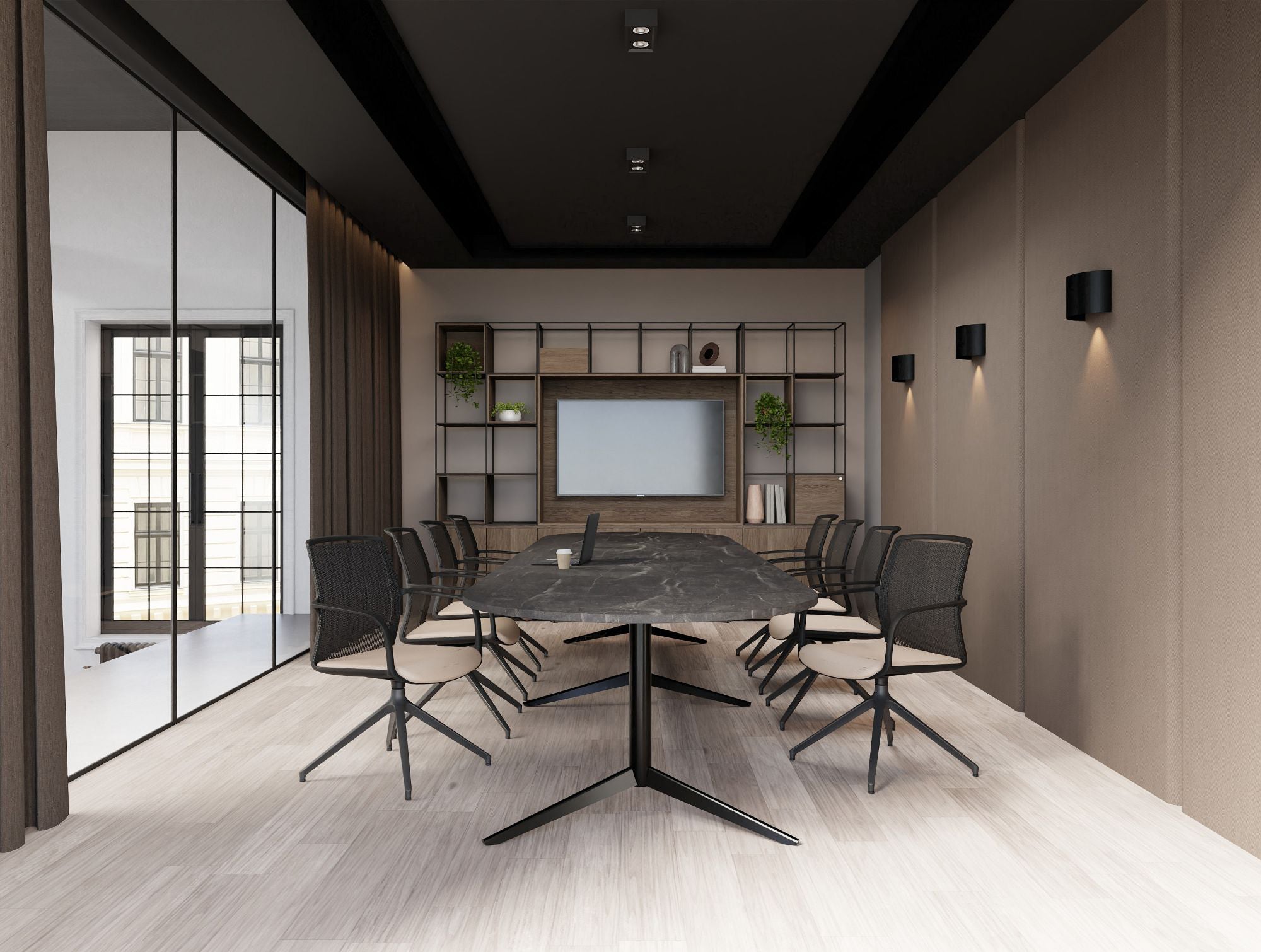Harmon Triple Base with Oval Top Table in Black Marble Top Finish with Vela Meeting Room Chair in Pyramidial Base with Ionic Cube Grid Large Media Unit on Tall Storage in Meeting Room Setting