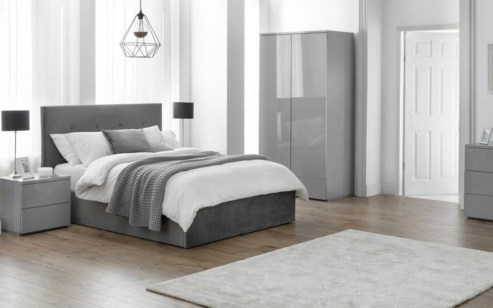 Hattie 2 Door Wardrobe in Grey Finish with Grey Carpet and Black Lampshade in Bedroom Setting
