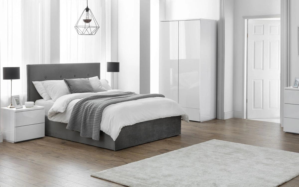 Hattie 2 Door Wardrobe in White Gloss Finish with Grey Carpet and Black Lampshade in Bedroom Setting