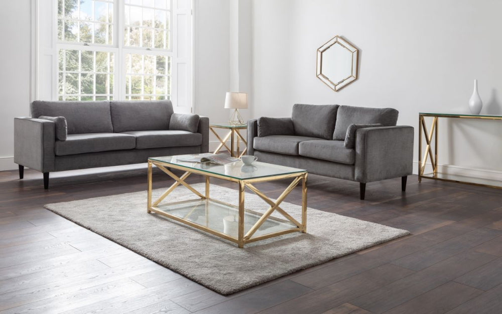 Hayes Sofa in Grey Chenille Finish with Hightop Table and Floor Rug in Living Room Setting