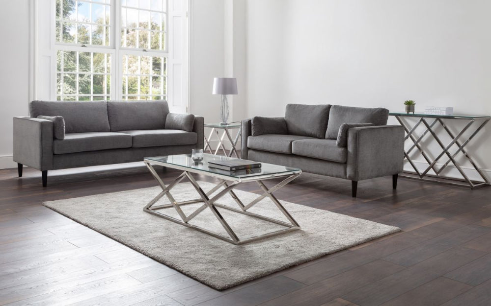 Hayes Sofa in Grey Chenille Finish with Side Table and Lampshade in Living Room Setting