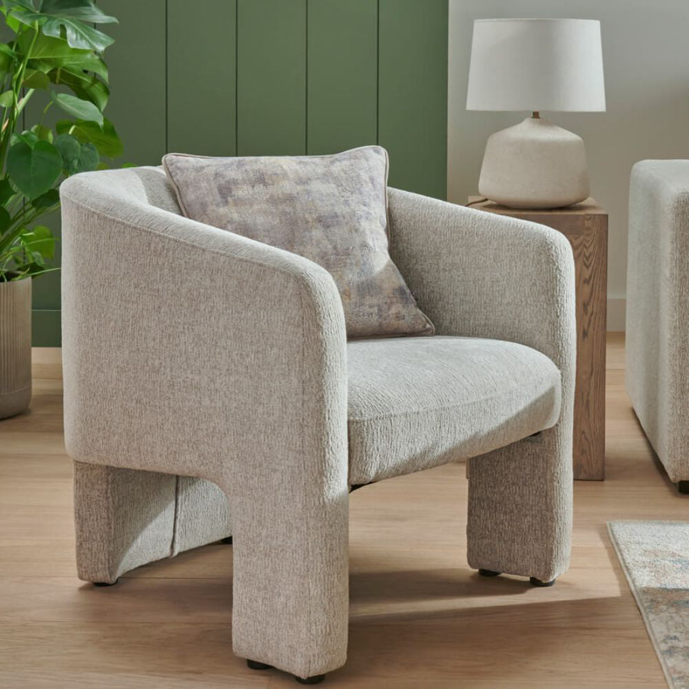 Heidi Accent Chair in Light Grey Finish with Indoor Plant and Lampshade in Living Room Setting
