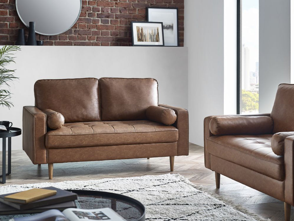 Henry Sofa in Brown Faux Tan Finish with Floor Rug and Indoor Plant in Living Room Setting