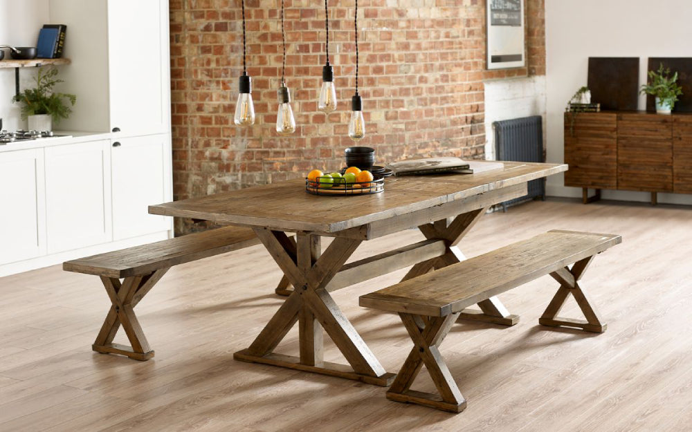 Hester Extended Dining Table with Wooden Cupboards and Bench in Dining Setting