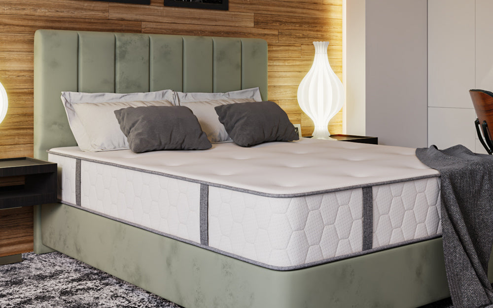 Hillside Headboard 48" High in Grey Finish with White and Grey Pillows in Bedroom Settings
