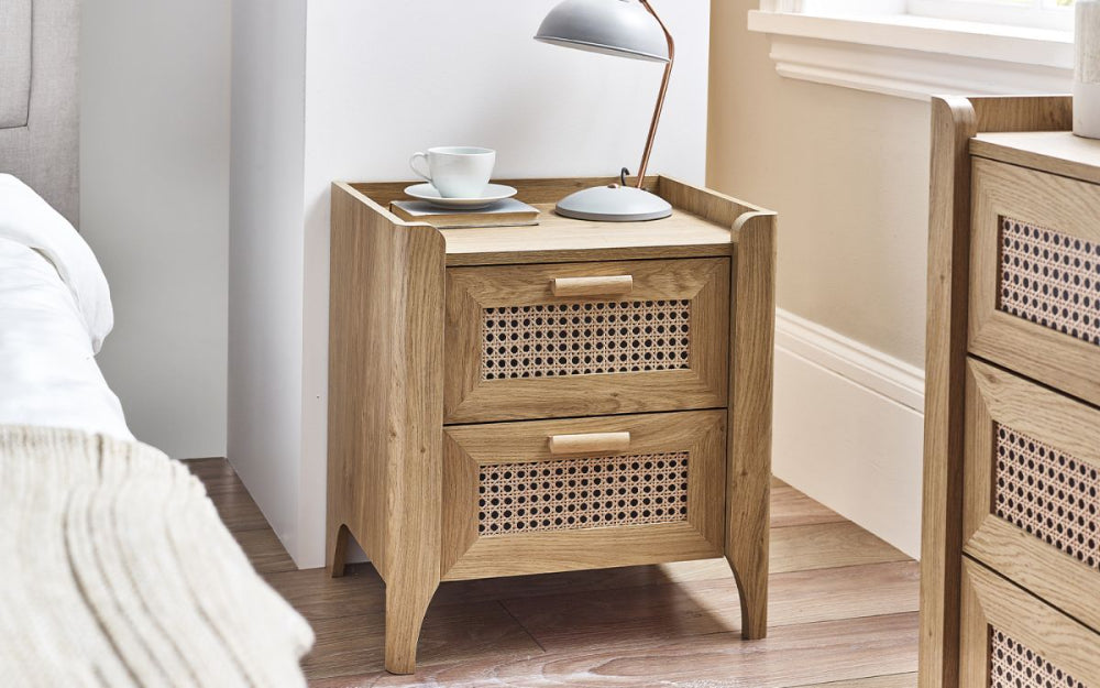 Hobart 2 Drawer Bedside Table with Lampshade and Chest Drawer in Bedroom Setting