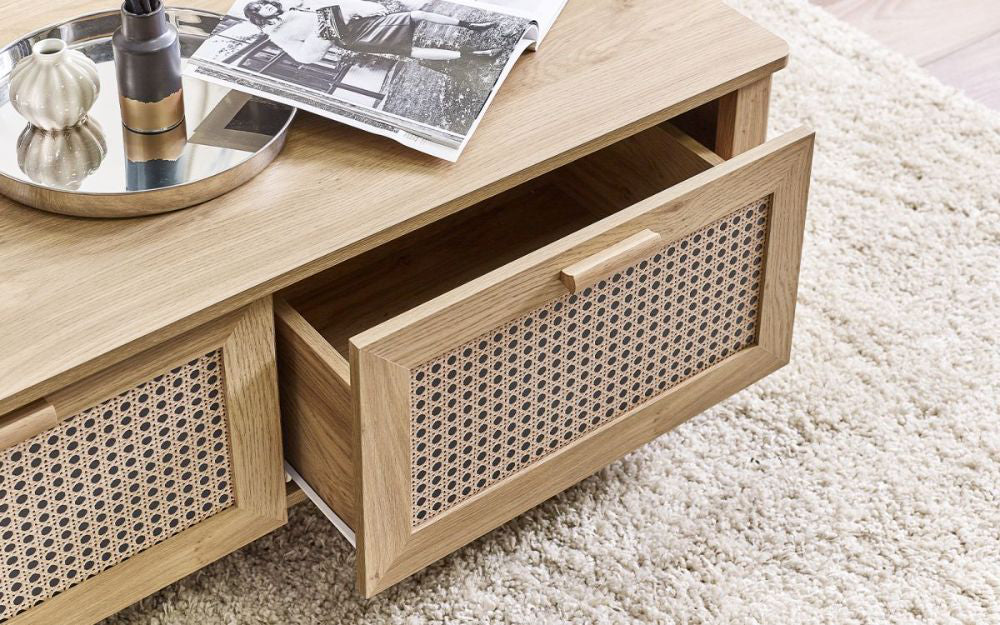 Hobart 2-Drawer Coffee Table Drawer Open with Floor Rug in Living Room Setting