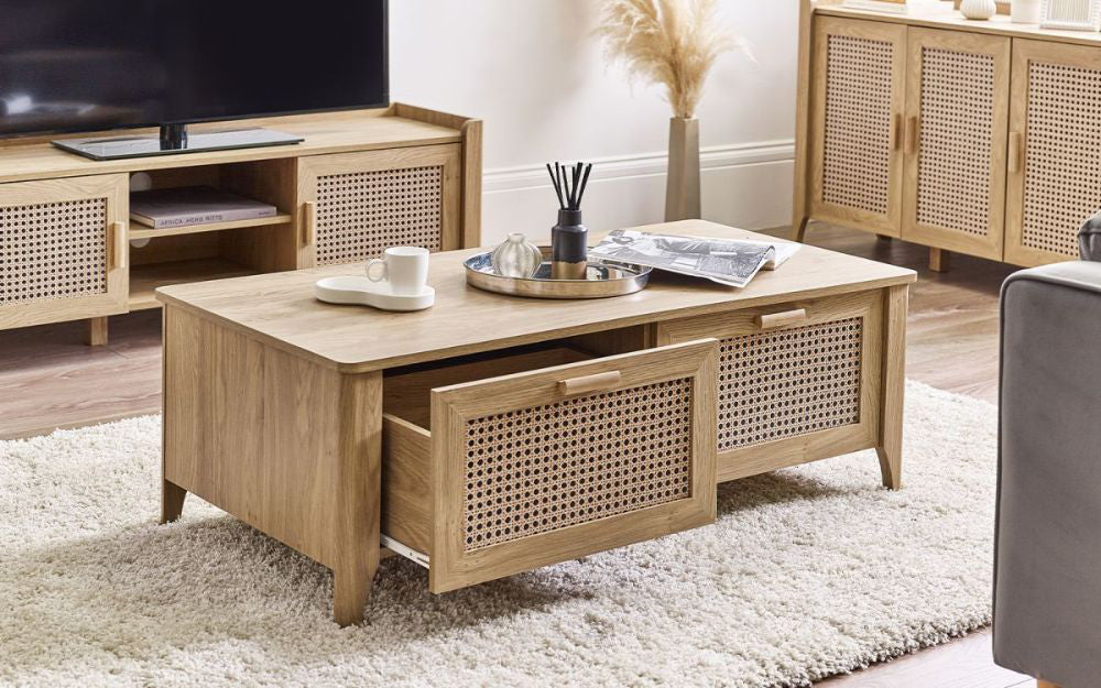 Hobart 2-Drawer Coffee Table Drawer Open with Wooden Cupboard and Media TV Unit in Living Room Setting