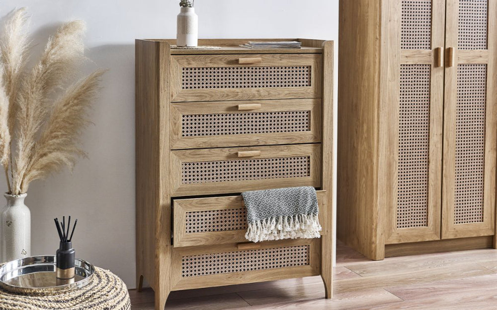 Hobart 5 Drawer Chest with Wardrobe in Bedroom Setting