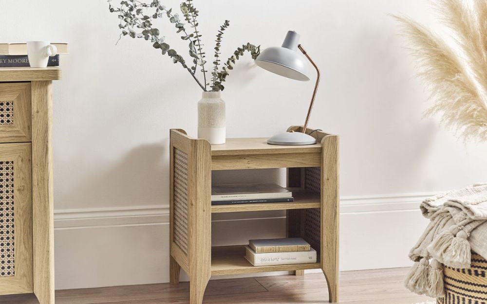 Hobart Lamp Table with Table Lampshade and Laundry Basket in Bedroom Setting