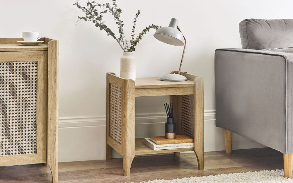 Hobart Lamp Table with Table Lampshade and Sofa in Bedroom Setting