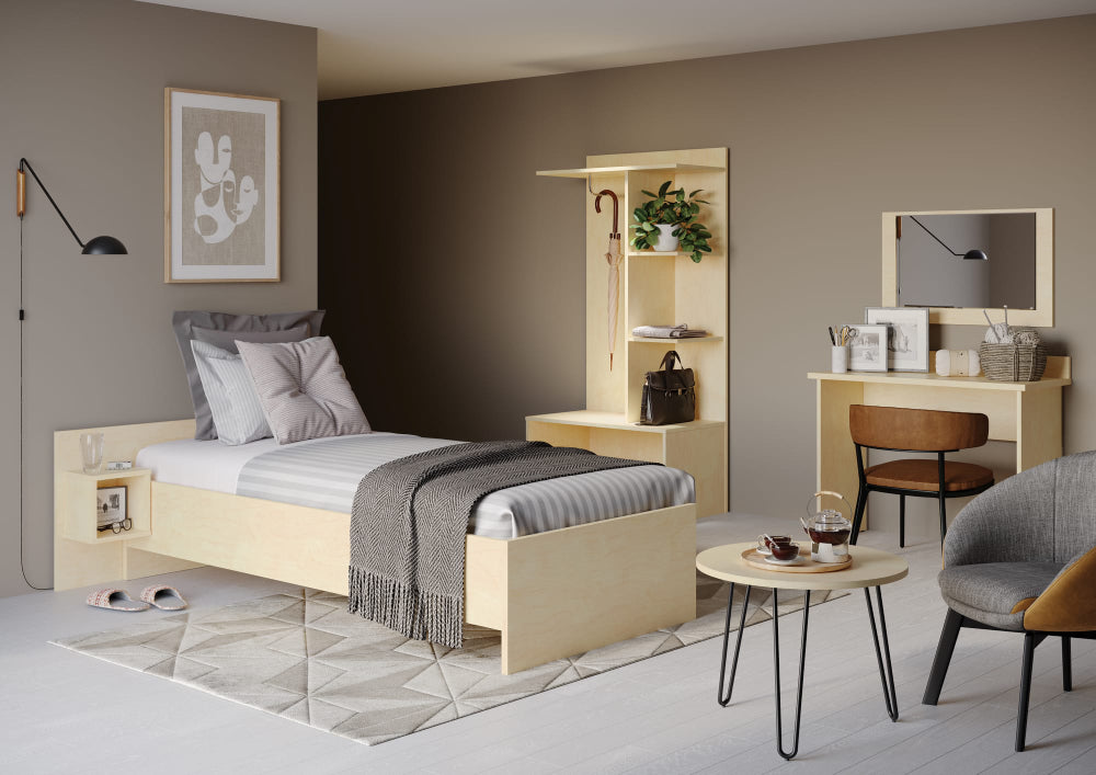 Hotel Luna Wooden Bed Frame with Coffee Table and Wooden Night Stand in Bedroom Setting