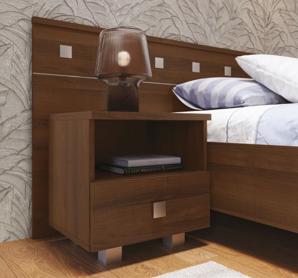 Hotel Nox Wooden 1 Drawer Cabinet in Walnut Finish with Bed Frame in Bedroom Setting