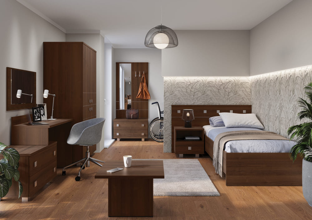 Hotel Nox Wooden 2 Drawer Cabinet in Walnut Finish with Wooden Wardrobe and Coffee table in Bedroom Setting