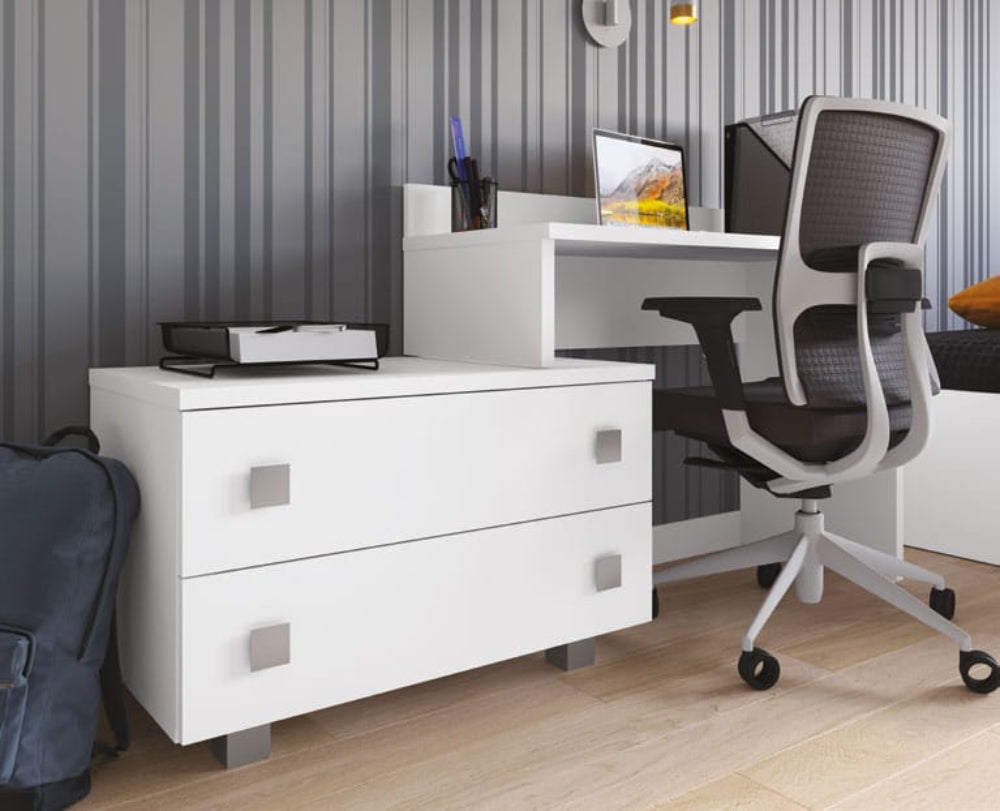 Hotel Nox Wooden 2 Drawer Cabinet in White Finish with Ergonomic Chair and Desk in Bedroom Setting