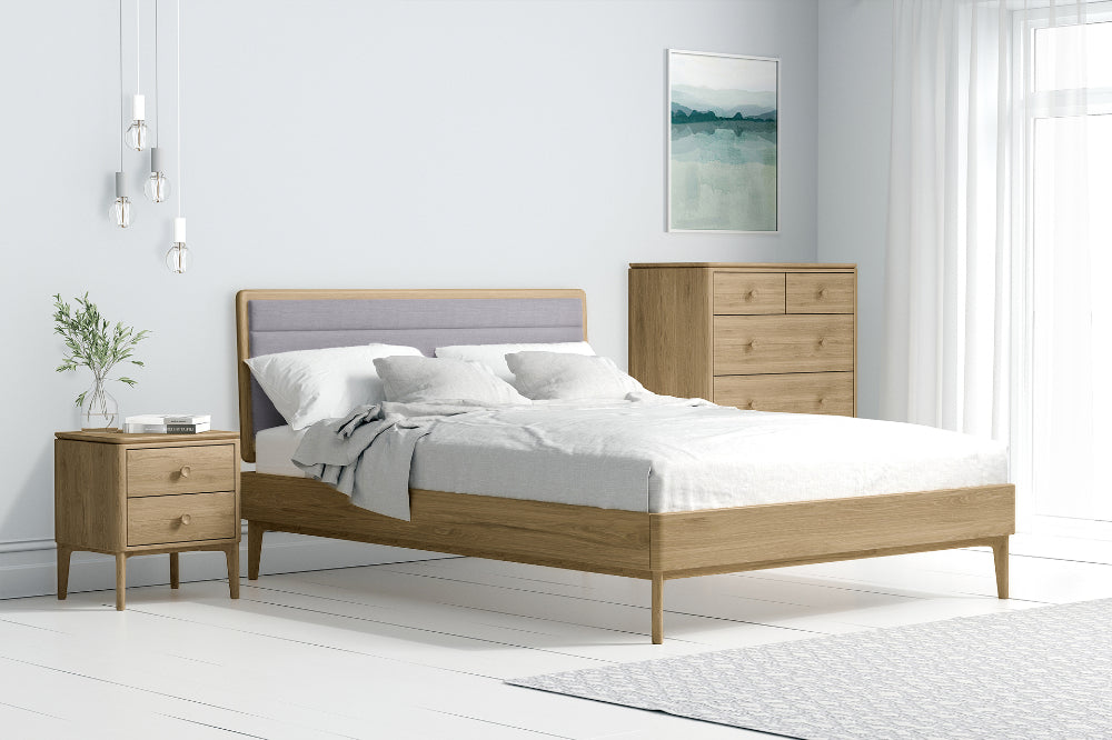 Hunter 2 Drawer Bedside Table with Chest Drawer and Bed in Bedroom Setting