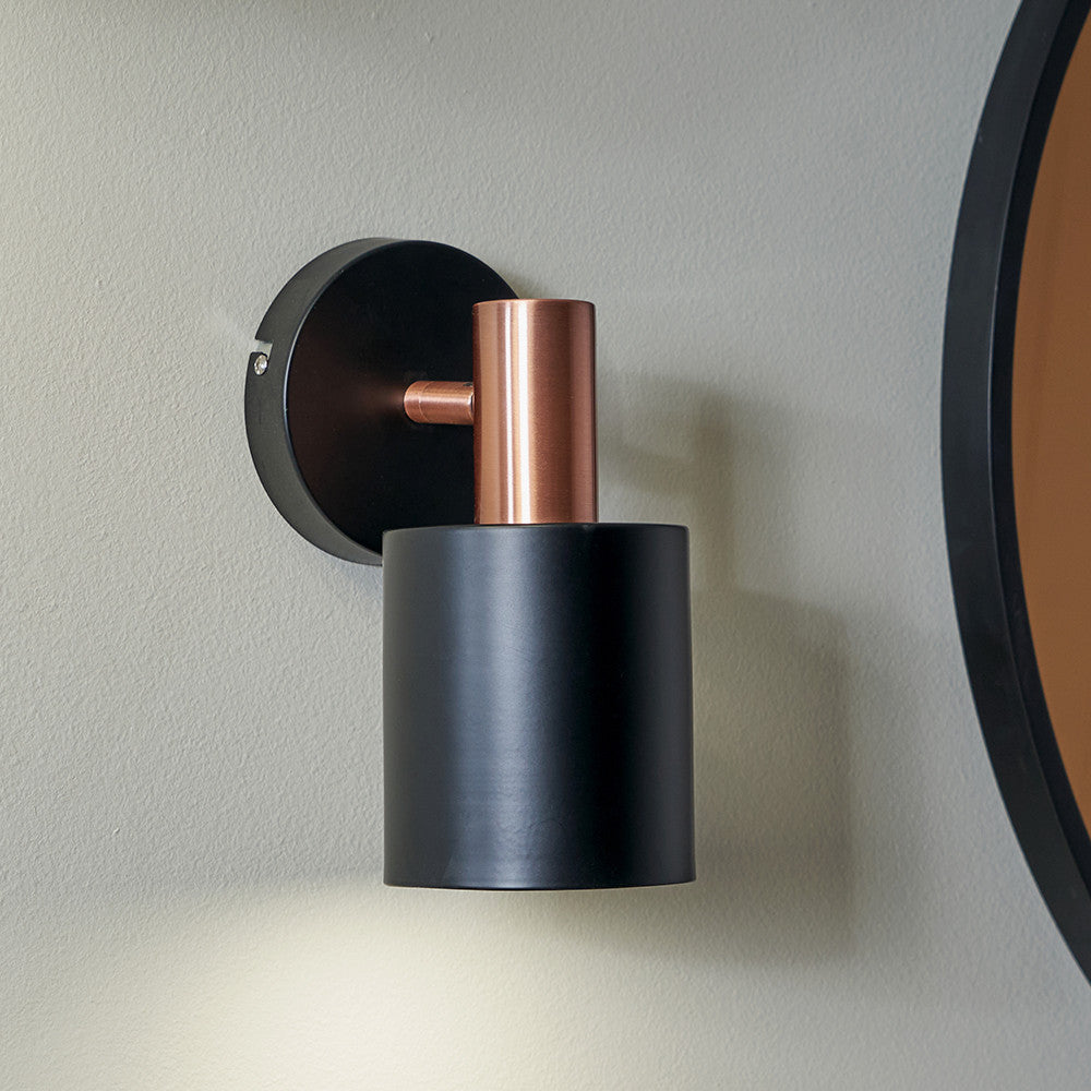 Indy Black and Antique Copper Retro Wall Light Attached in the Wall