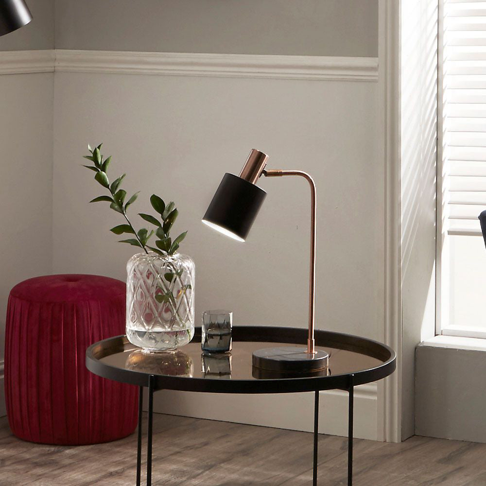Indy Table Lamp Black and Antique Copper with Coffee Table and Pouffe in Bedroom Setting