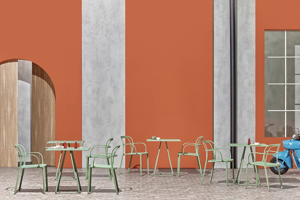 Intrigo Dining Chair with Armrests in Green Finish with Square Table in Outdoor Setting