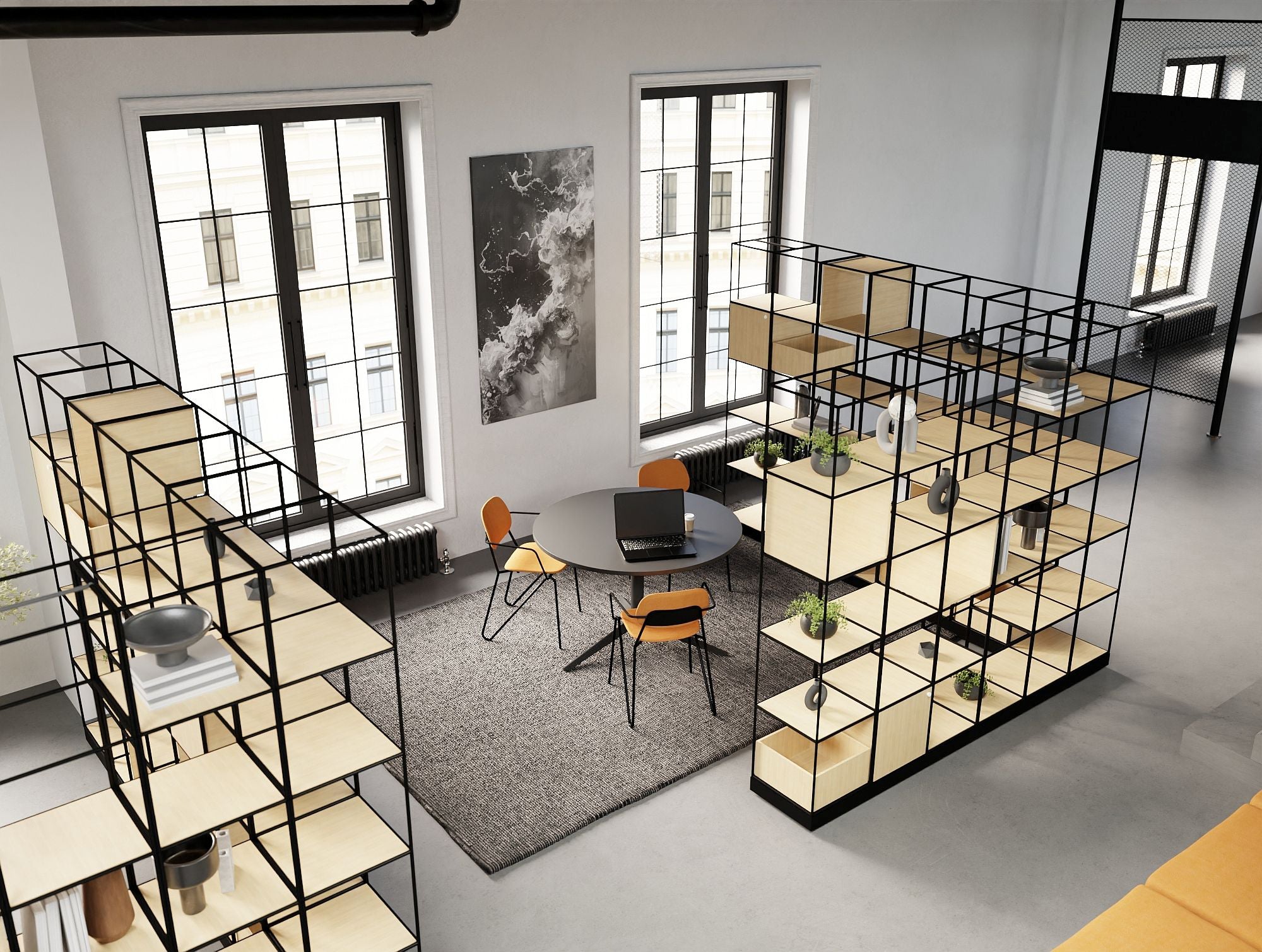 Ionic Modular 5 Level Zoning System in Oak Finish with Harmon Round Table and Line Chair in Modern Office Setting 3