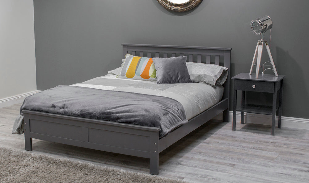 Jade Bedside Table Grey with Bed and Wall Mirror in Bedroom Setting