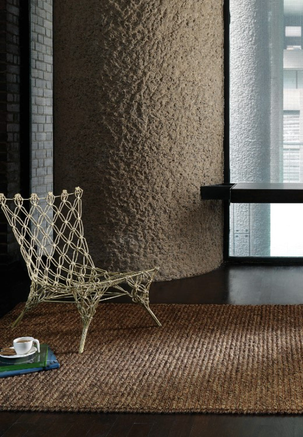 Jordan Flatweave Floor Rug in Brown Finish with Lounge Chair in Living Room Setting