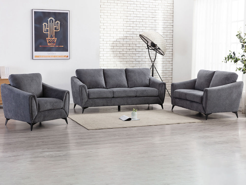 Juna Upholstered Sofa with Floor Rug and Floor Lamp in Living Room Setting