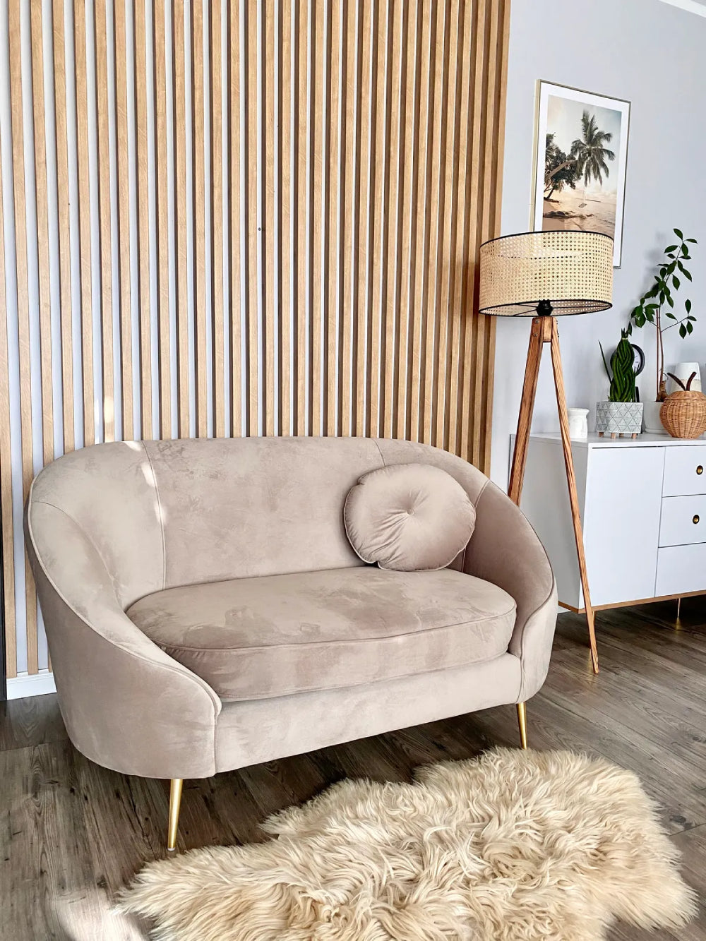 Kaleb 2 Seater Contrast Piping Sofa in Lilac Finish with Floor Lamp and Wooden Cupboard in Living Room Setting