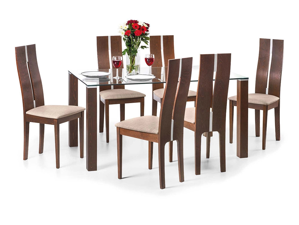 Kayle Glass Top Dining Table with Six Wooden Chairs
