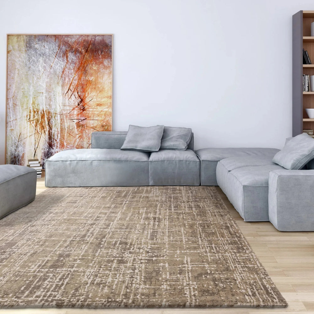 Kazzie Abstract Rug in Beige Finish with Modular Sofa in Living Room Setting