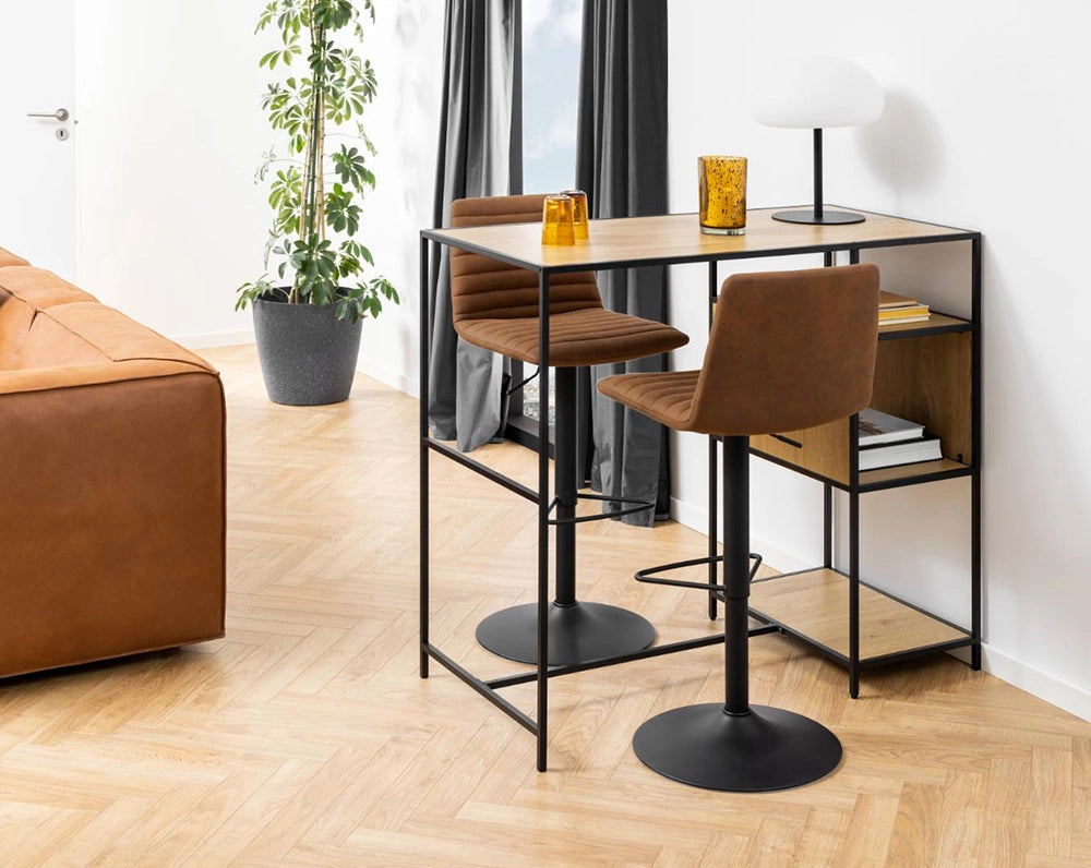 Khloe Bar Stool with Footrest in Brown Finish with Table Lamp and Indoor Plant in Living Room Setting