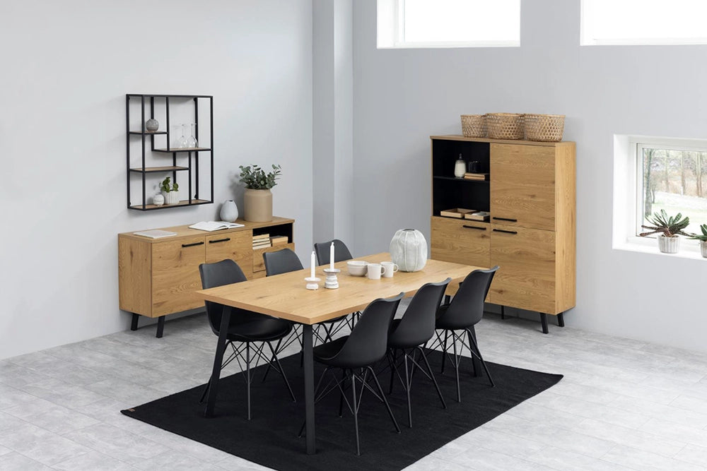 Kiara Display Cabinet in Matte Oak Finish with Black Plastic Chair and Wooden Cupboard in Dining Setting