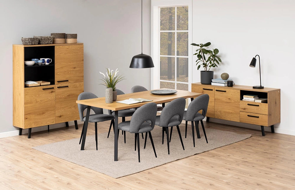 Kiara Display Cabinet in Matte Oak Finish with Wooden Top Table and Cupboard in Dining Setting