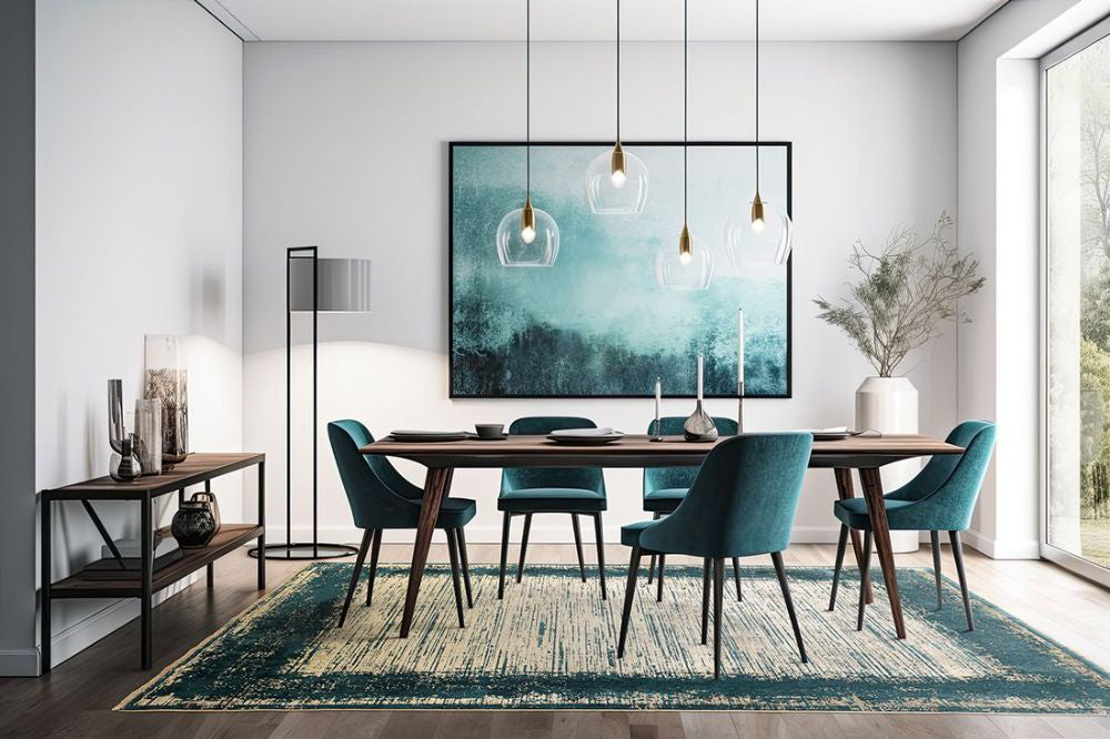 Koa Emerald and Gold Rug with Wall Art and Wooden Table in Dining Setting
