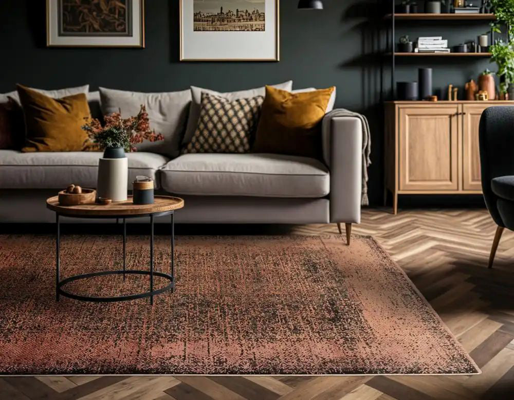 Koa Terracotta and Black Rug with Coffee Table and Sofa in Living Room Setting