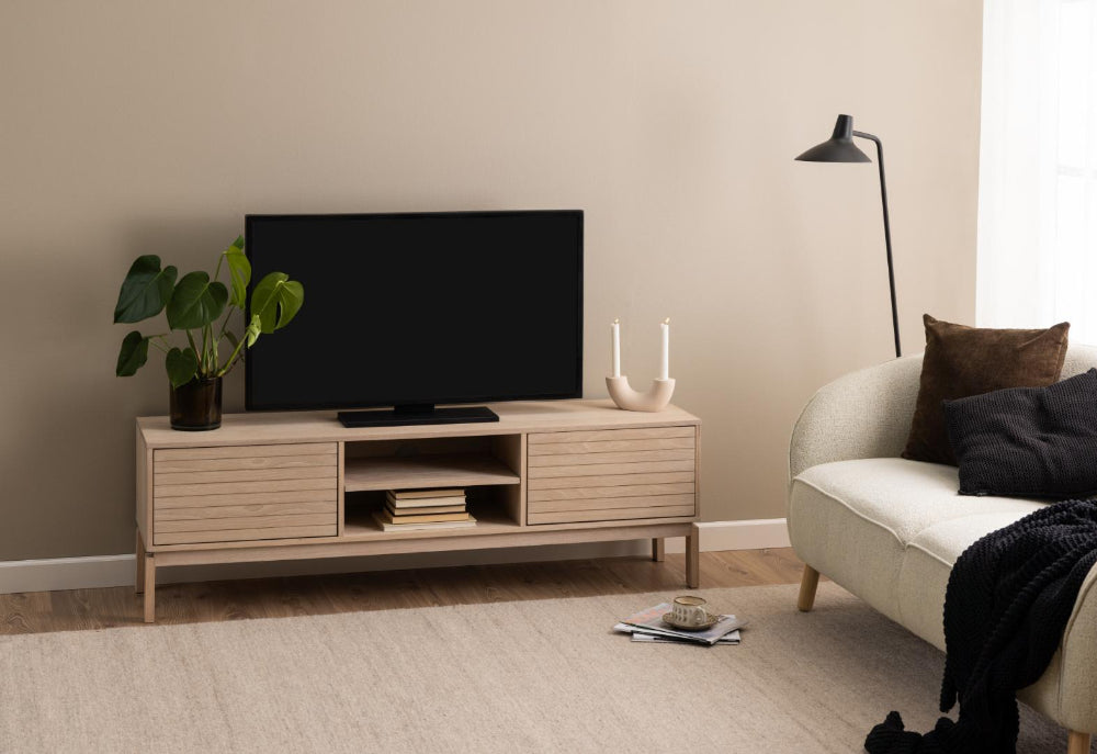 Lacey Wooden Media Unit with Sofa and Floor Lamp in Living Room Setting 2