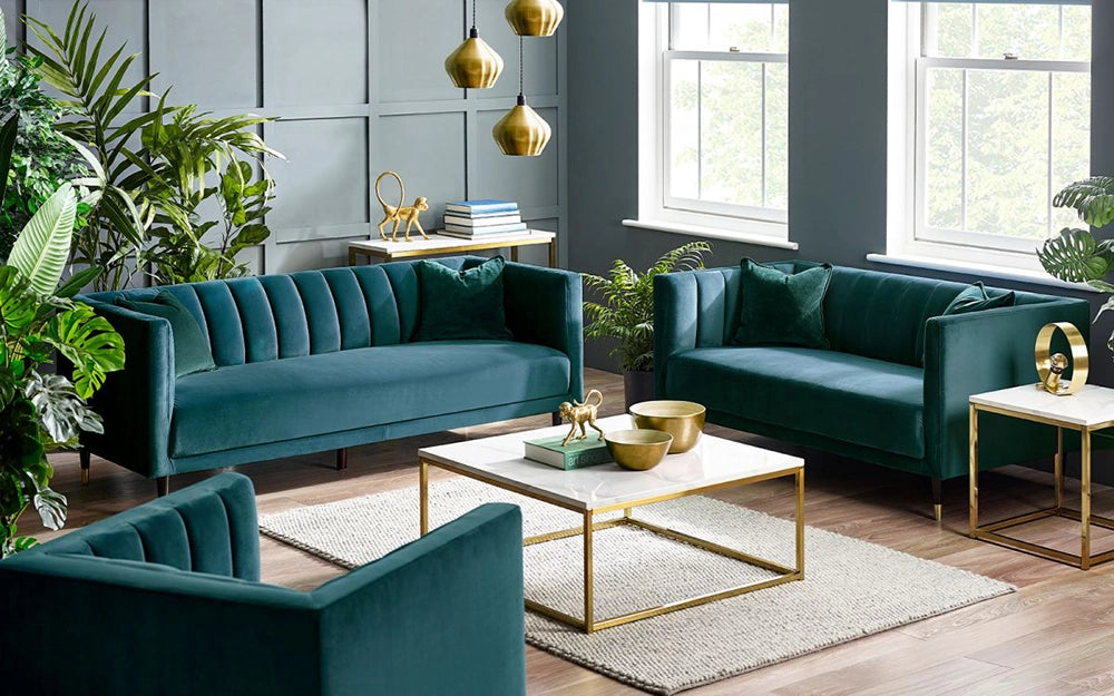 Lama Scalloped Back 2 Seater Chair in Teal Finish with Indoor Plant and Square Top Coffee Table in Office Setting