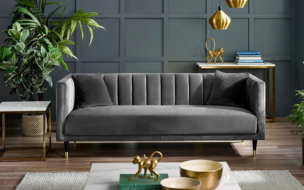 Lama Scalloped Back 3 Seater Chair in Grey Finish with Hightop Table and Indoor Plant in Office Setting