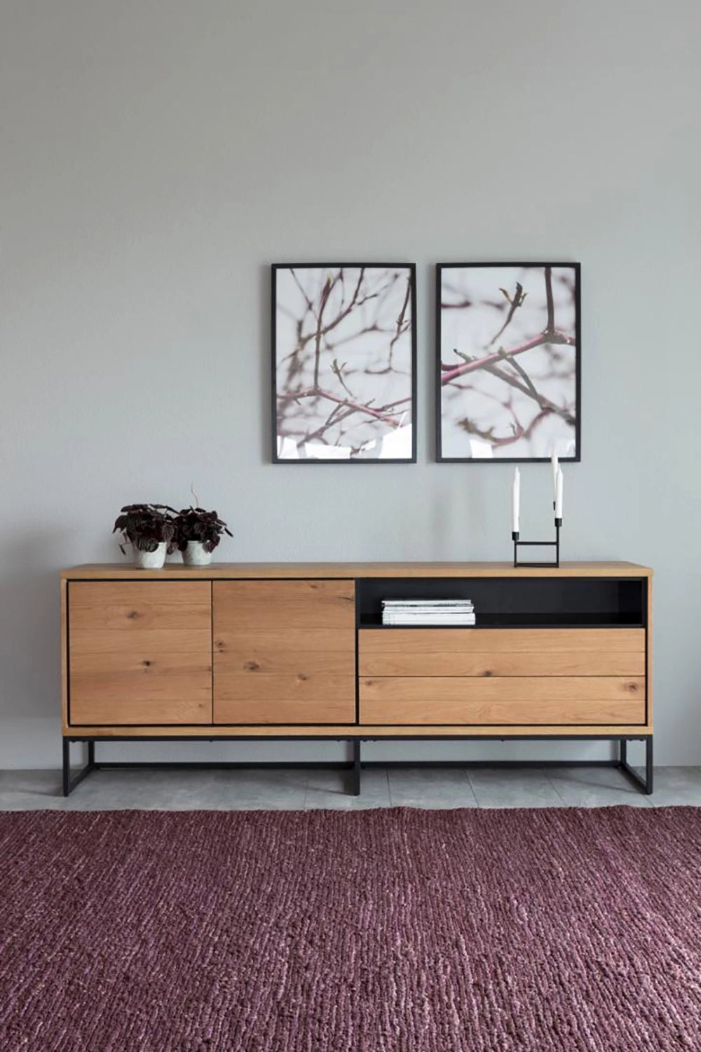 Lara Large Sideboard in Matte Oak Finish with Wall Frame and Upholstered Rug in Living Room Setting