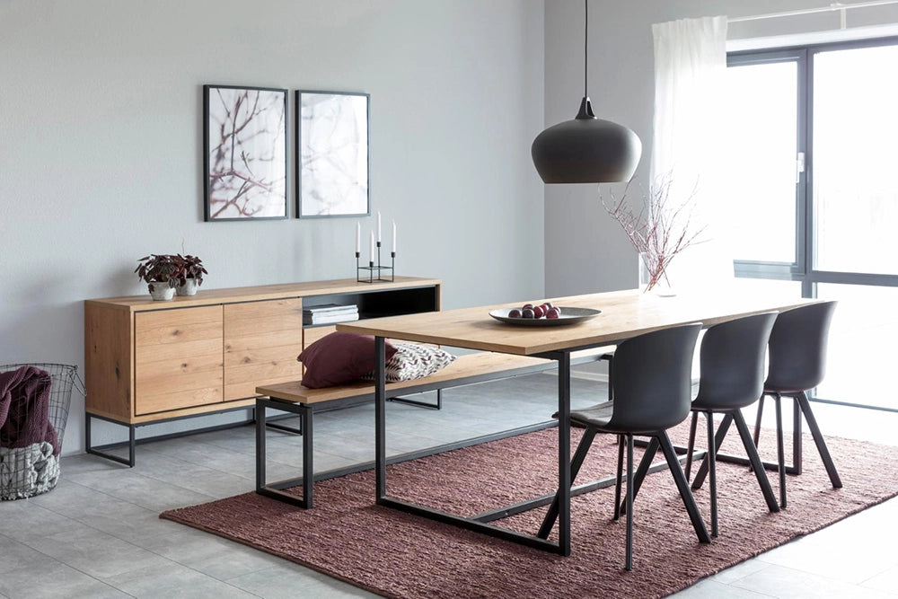 Lara Large Sideboard in Matte Oak Finish with Wooden Top Table and Wall Frame in Dining Room Setting