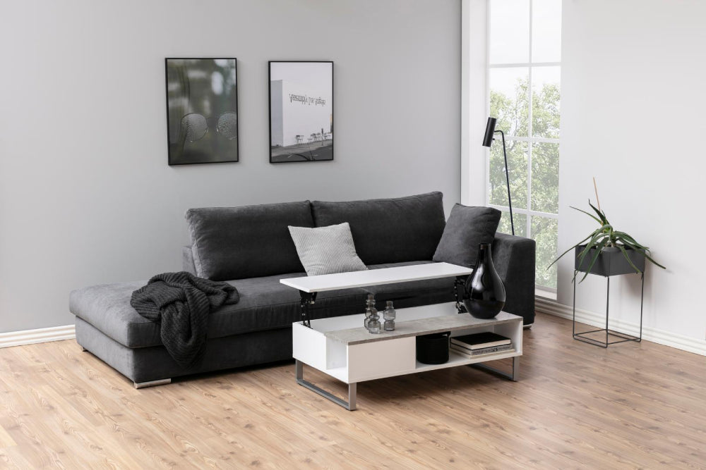 Lea Reactangular White Coffee Table with Lamp and Sofa in Living Room Setting