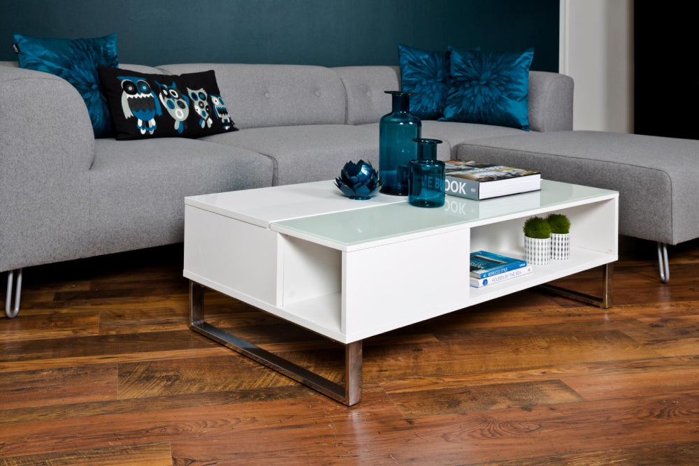 Lea Rectangular High Gloss Table with Corner Sofa and Books in Living Room Setting