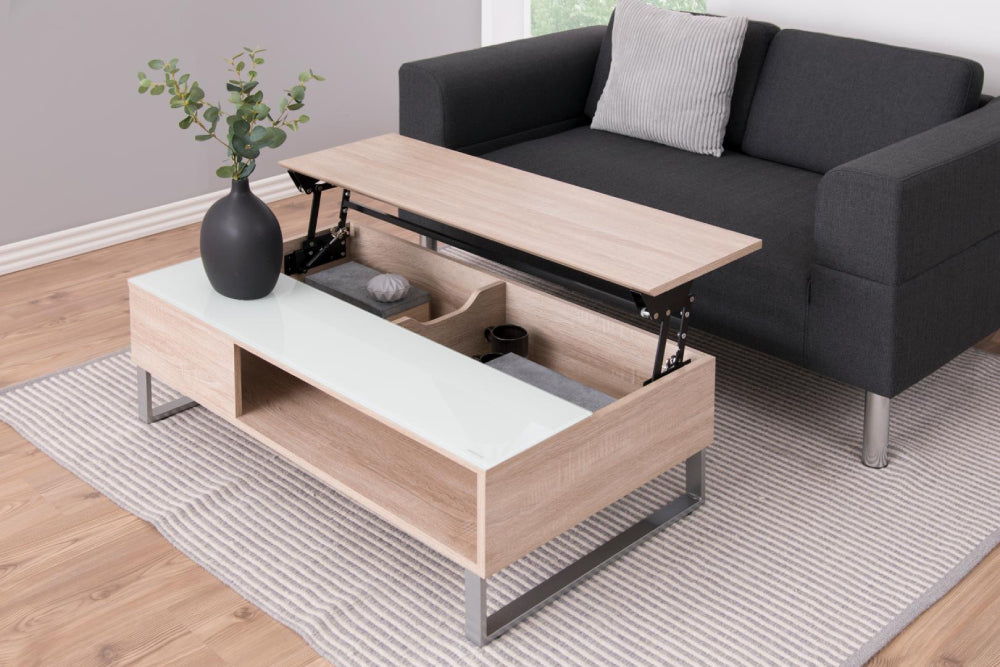 Lea Rectangular Sonoma Oak Coffee Table with Sofa and Plant in Living Room Setting