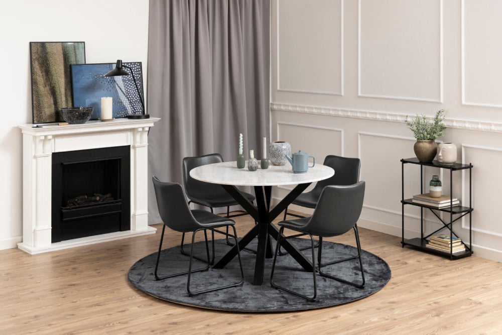 Leo Dining Chair Black PU with Round Table and Table Lamp in Living Room Setting