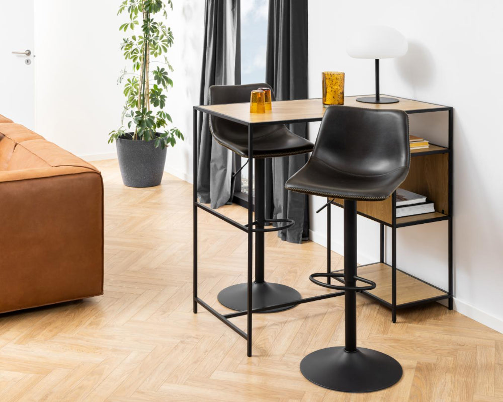 Leo Height Adjustable Barstool in Black Finish with Indoor Plant and Hightop Table in Living Room Setting 2