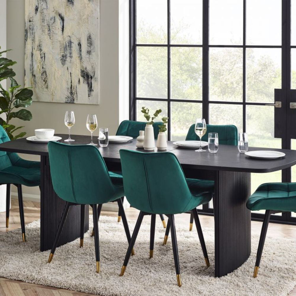 Lishan Extending Dining Table in Ash Black Finish with Chairs and Indoor Plant in Dining Setting