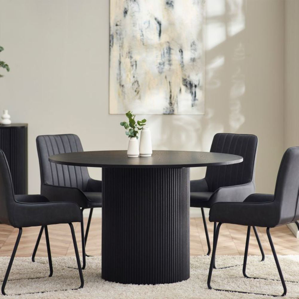 Lishan Round Dining Table in Ash Black Finish with Chairs and Wall Art in Dining Setting