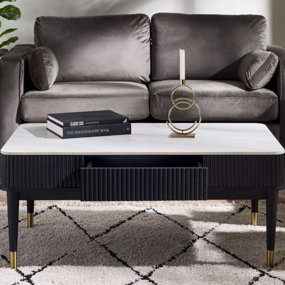 Lishan Stone Top Coffee Table with Sofa and Indoor Plant in Living Room Setting