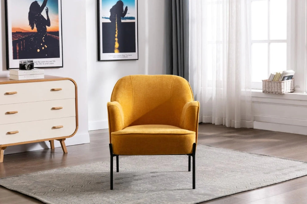 Logan Upholstered Accent Chair in Apricot Finish with Wall Frame and Cupboard in Living Room Setting 2